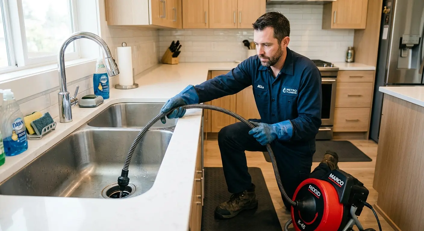 Drain cleaning technician using a motorized snake on a kitchen sink in Oak Point