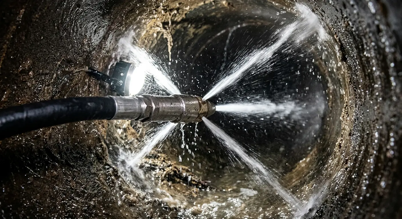 High-pressure hydro jetting nozzle cleaning sewer pipe for Sewer Cleanout in Oak Point