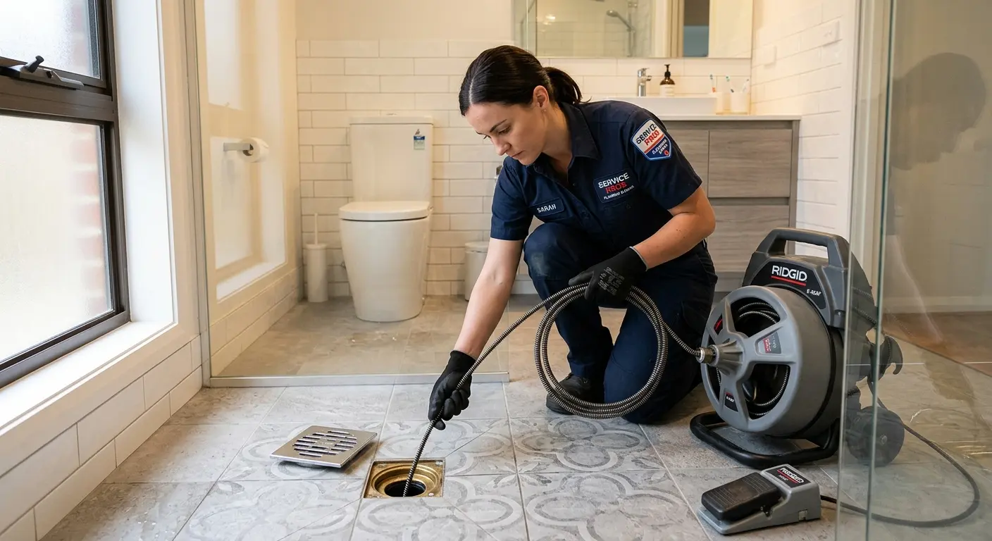 Technician clearing a bathroom floor drain for Sewer Line Replacement in Oak Point